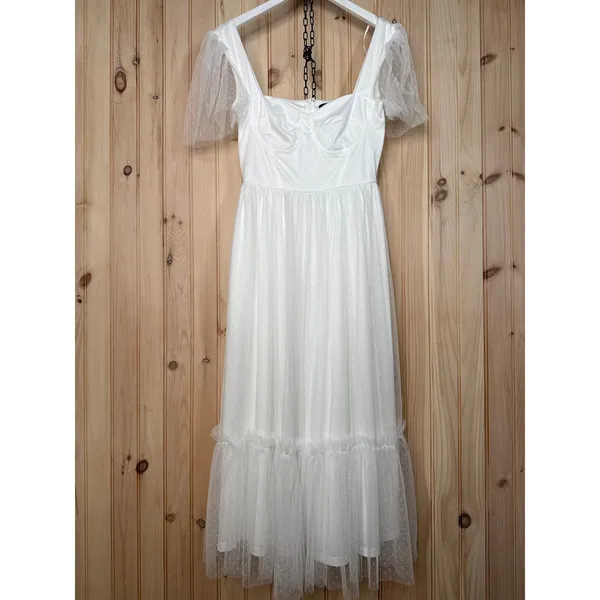 NWT Lulus Dreamy Celebration White Tulle Bustier Swiss Dot Midi Dress Bride XS - Image 7