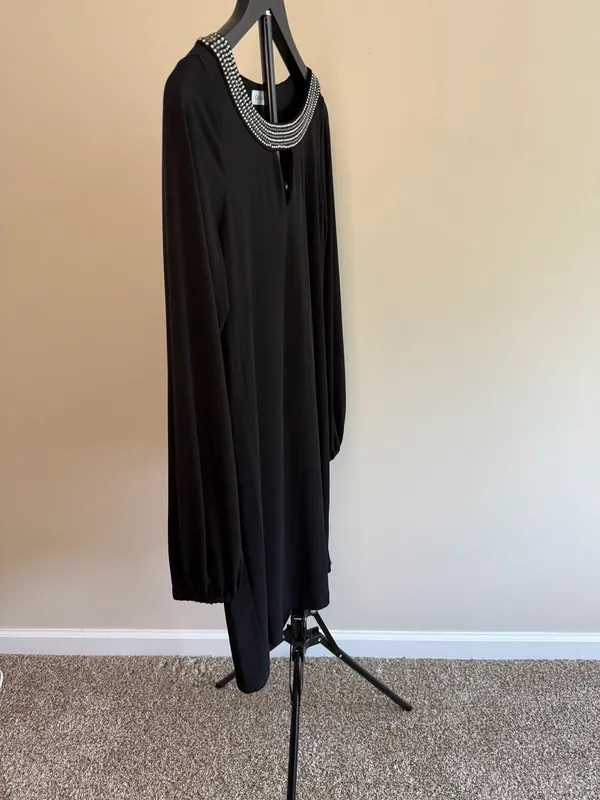 Calvin Klein‎ Black Long Sleeve Dress with Rhinestone Collar and Keyhole Detail - Image 4
