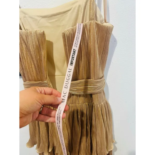 MAC DUGGAL Gold Metallic Plissé Square Neck Pleated Ruffle Belt Detail Dress 8 - Image 15