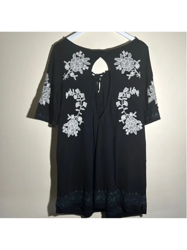 Free People Women's Black & White Embroidered Mini Dress Size Large - Image 2
