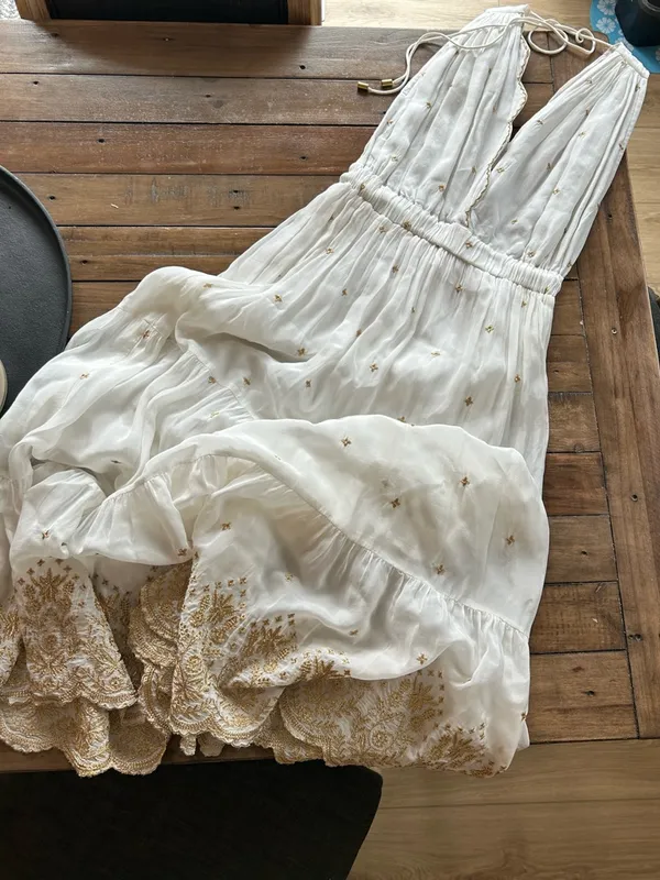 Guadalupe Johana White Gold Embroidered Dress S - Image 3