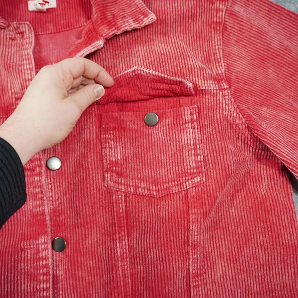 POL Red Corduroy Shacket Mineral Wash‎ Raw Hem Button Down Jacket Boho Indie - Image 6