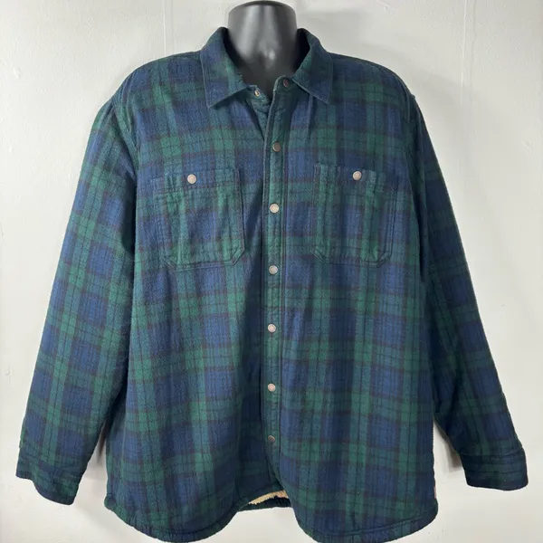 LL Bean Sherpa Lined Plaid Flannel Shacket Blue Green Shirt Men’s SZ XL Fleece - Image 2