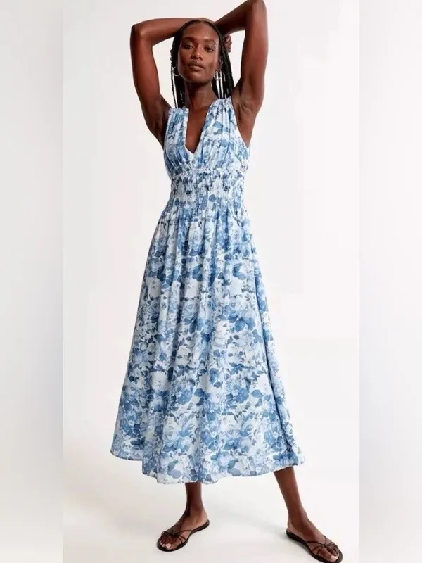 Abercrombie & Fitch Crinkle Shirred Waist Maxi Dress Floral Blue White‎ NEW XS - Image 3