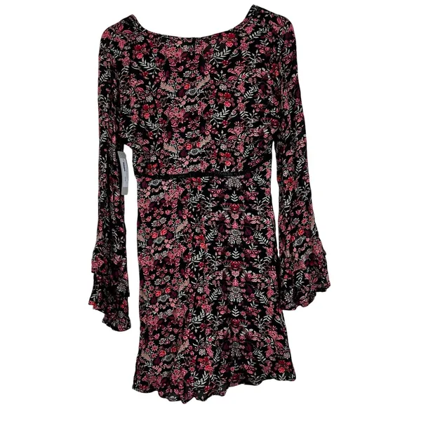 NWT C'isa Floral Print Mini Dress Black Boho Bell Sleeve Crochet Trim Size S - Image 4