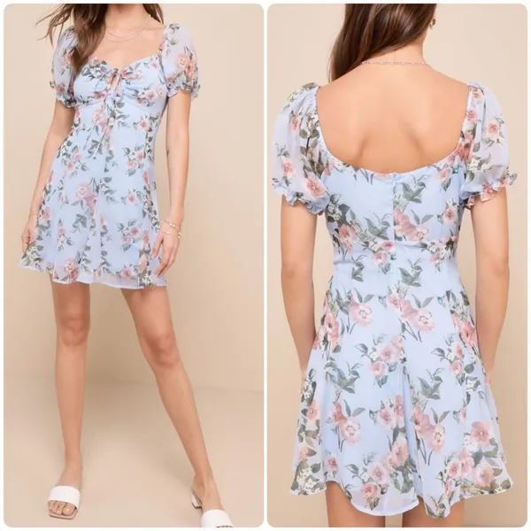 Lulus Precious Perspective Light Blue Floral Puff Sleeve Mini Dress - Image 2