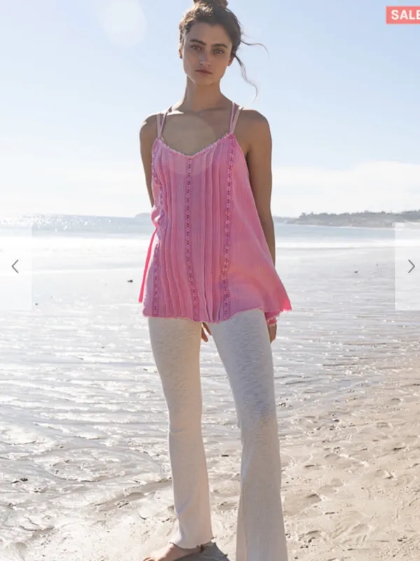 NEW POL Cotton Gauze Lace Trim Floral Cami Tank Candy Pink Flowy A-Line Small - Image 7