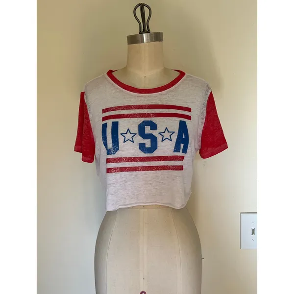 Modern Lux L USA Graphic Sheer Cropped T-Shirt Red White Blue Patriotic Preppy - Image 2