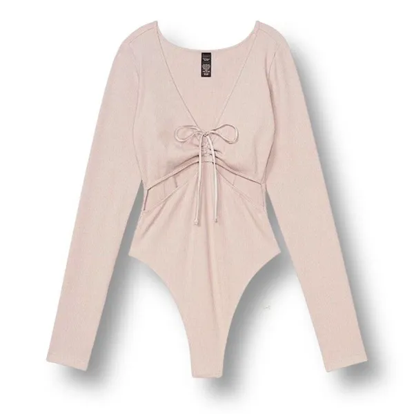 Victoria’s Secret M Mauve Ribbed Bodysuit Long Sleeve‎ Tie Front Cutout Knit - Image 9