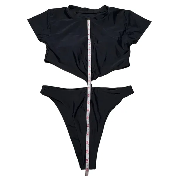 Black Short Sleeve Front Knot One Piece Swimsuit M 8 10 NWOT - Image 8