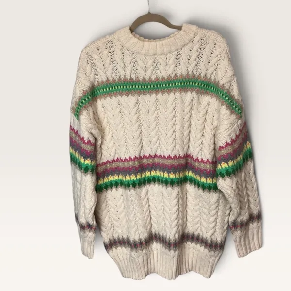 American Eagle Cream Cable Knit Fair Isle Striped Oversized Sweater Women Medium - Image 3