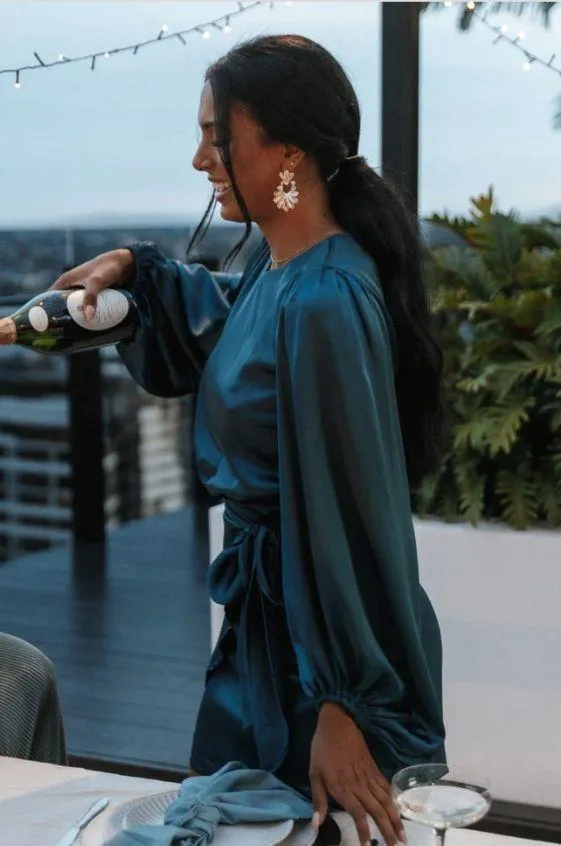 Petal & Pup Opal Navy Blue Satin Long Balloon Sleeve Wrap Mini Dress 4 - Image 4