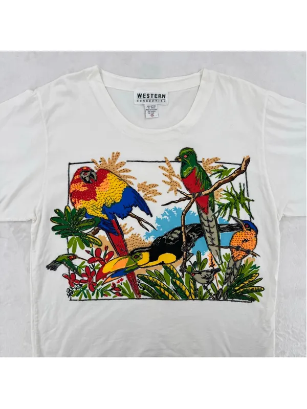 Vintage 90s Tee Tropical Birds Flowers Heavily Beaded Art to Wear Cotton Medium - Image 2