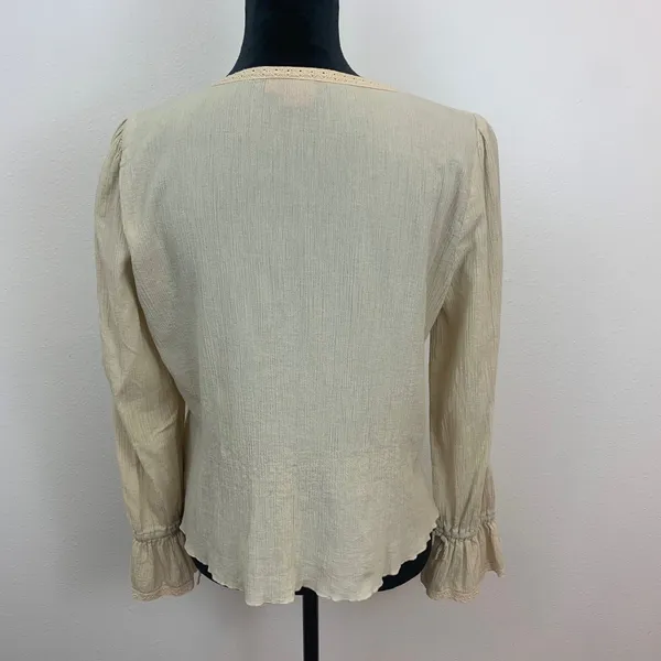 Esprit Womens XL Beige Cotton Gauze Crochet Lace Trim Boho Bell Sleeve Blouse - Image 3