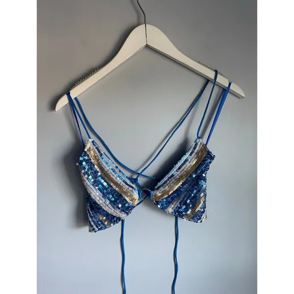 Princess Polly Blue Silver Savannah Sequin Top Festival adjustable straps sz 2 - Image 3