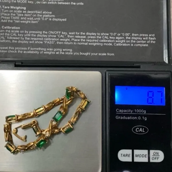 Unsigned Gold-tone Emerald Green & Clear CZ Stone 7.5” Tennis Bracelet 8.7g - Image 15
