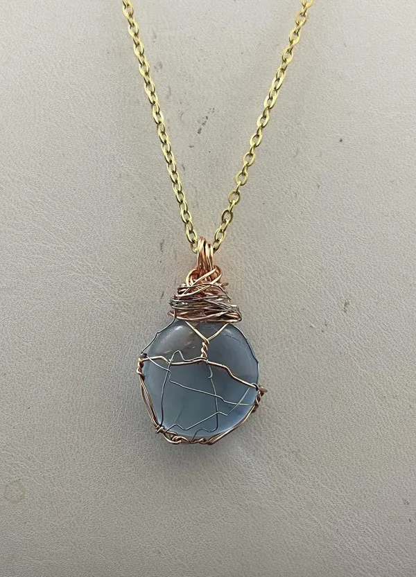 Handmade Ocean Blue glass wired gold chain necklace - Image 3