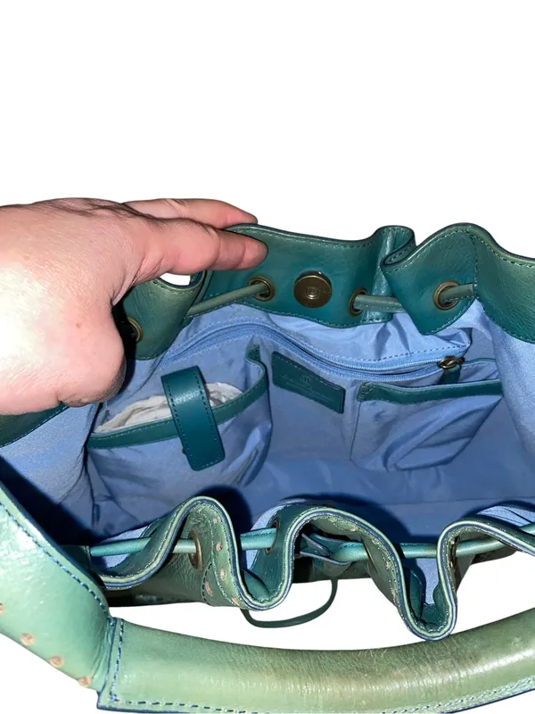 Y2K Vintage Cole Haan Teal Leather Drawstring brass studded Hobo Bag Boho fairy - Image 8