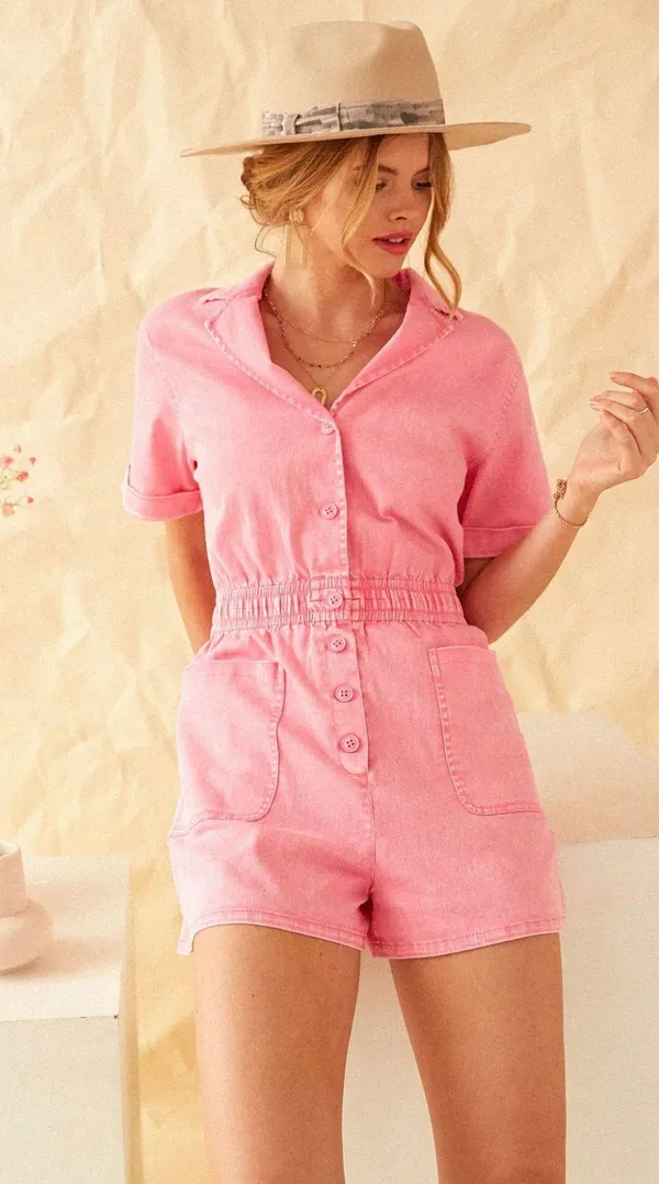 Skies Are Blue Pink Denim Romper - Image 3