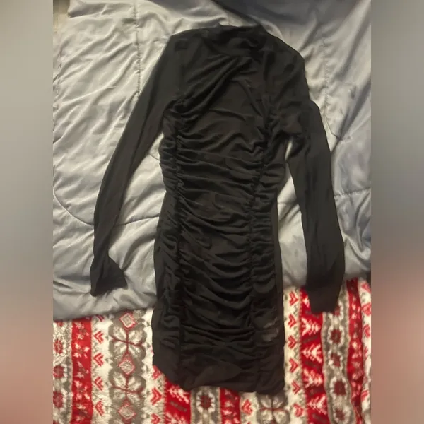 🦄* New! Black High Neck Long Sleeve Sheer Ruched Bodycon Mini Party Dress XXS - Image 8