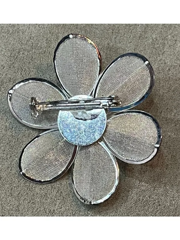 Vintage Flower Pin Brooch Mesh Petal Mixed Metals Silver Plated Silver Tone - Image 3