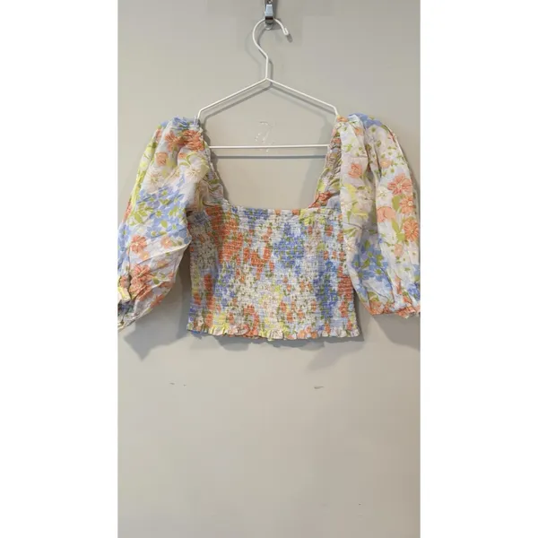 Billabong Feeling Groovy Puff Sleeve Floral Smocked Crop Blouse Top Size L 2692 - Image 5