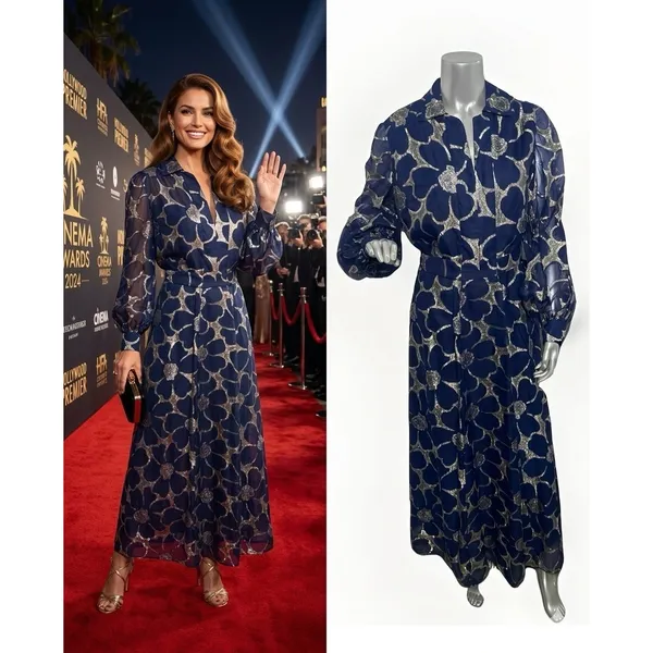 VTG CLIFTON WILHITE 18 Blue Metallic Floral Long Sleeve Gown Couture Dress - Image 2