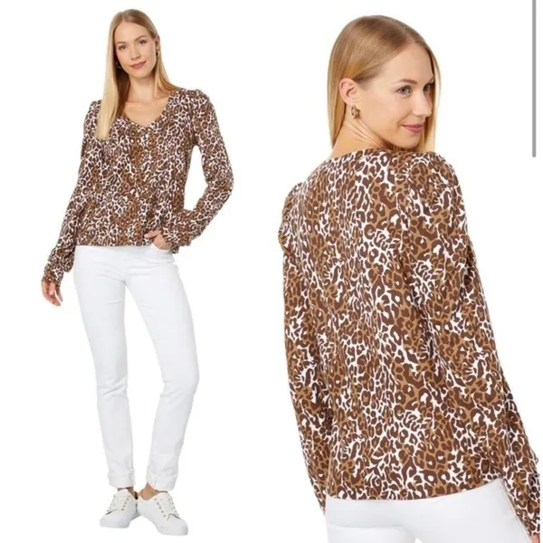 Lilly‎ Pulitzer Chocolate My Favorite Spot Jansen V-Neck Sweatshirt Size Large - Image 2