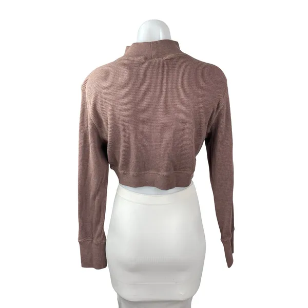 Mono B Brown Long Sleeve Mock Neck Waffle Knit Thermal Cropped Sweatshirt Top L - Image 4