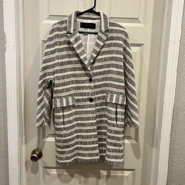 Zara Basic Womens Medium Striped Tweed Blazer Coat Black White Beige Cotton Mix‎ - Image 5