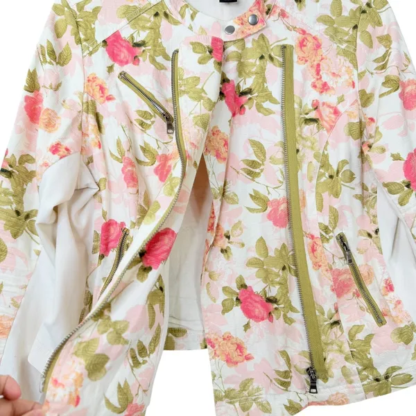 Lane Bryant Floral‎ Moto Jacket Asymmetrical Zip Up Pockets White Pink Size 16 - Image 13