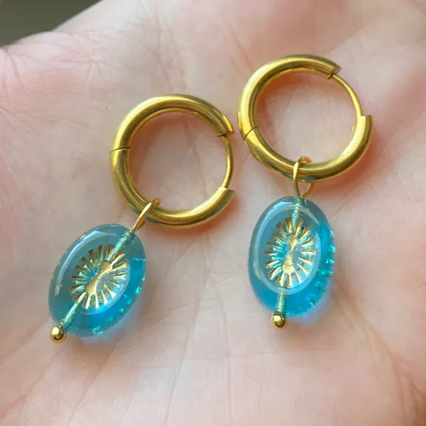 Handmade retro vintage chic whimsical style quality Czech glass beads 2WAY hoop dangle earrings🩵 - Image 6