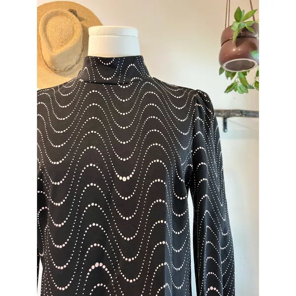 Kate Spade Black Long Puff Sleeve Mod Wavy Pink Dot Print Mini Dress Size Small - Image 12