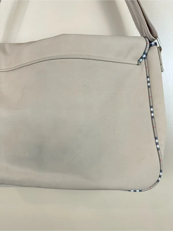 Burberry Fragrance Messenger Bag Tan Beige Plaid Trim Crossbody Adjustable - Image 12