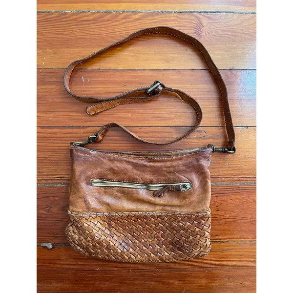 Langellotti Woven Leather Crossbody Bag Brown Made Italy Boho Cognac - Image 3