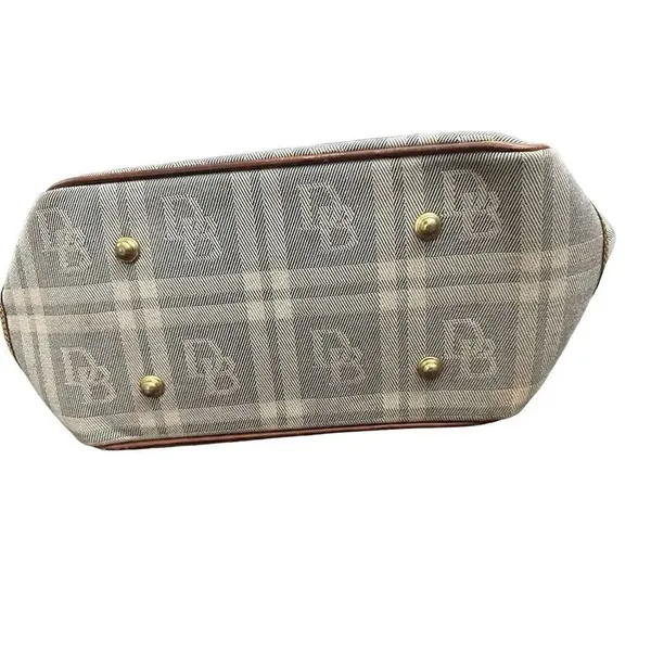 Vintage Dooney & Bourke Brown Tan Plaid Leather Trim Womens Purse Tote Bag - Image 6