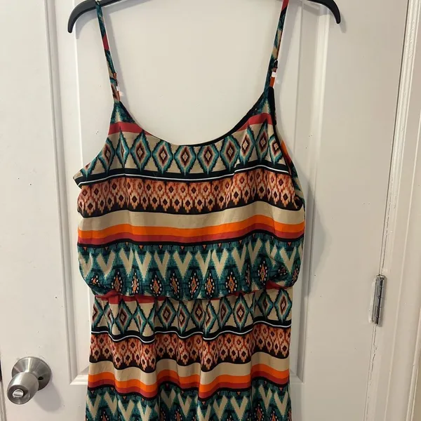By & By Geometric Aztec Maxi Dress Womens Large Teal Orange Popover Sundress - Image 2
