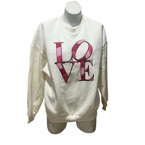 Francesca's Women's M Beige Love Embroidered Long Sleeve Sweatshirt - Image 2