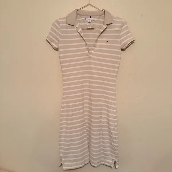 Tommy Hilfiger Polo Dress Womens XXS Tan‎ White Striped Slim Fit Preppy Sporty - Image 5
