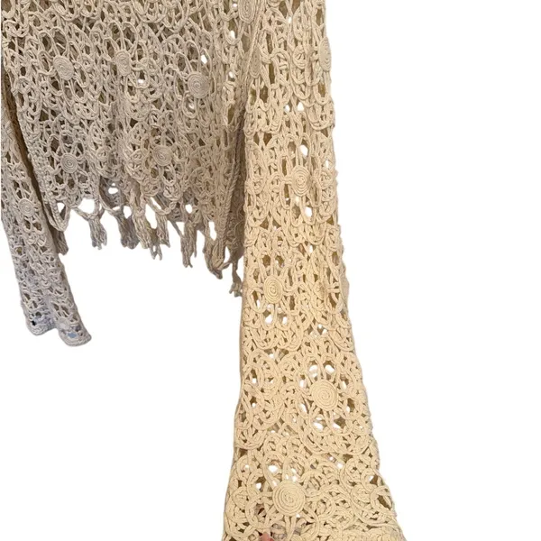 Zara Cream Crochet Open Knit Sweater Top Floral Fringe Boho Long Sleeve - Image 8
