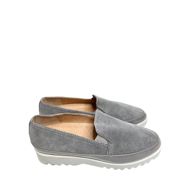 Donald Pliner Grey Leather Lizard Embossed Platform Loafers Shoes 8.5M - Image 2