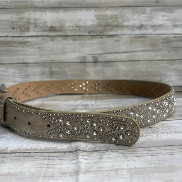 Studded Rhinestone Leather Belt 110CM 36.5" Tan Silver tone Western Glam Bling - Image 5
