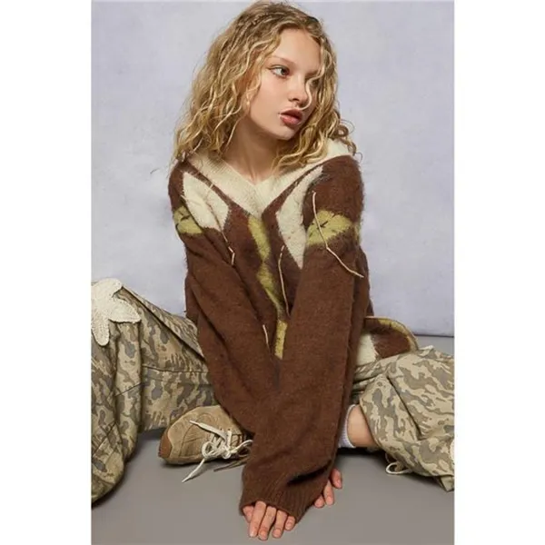 POL V-Neck Argyle Pattern Mohair Sweater with‎ Contrast Exposed Stitch Detail - Image 8