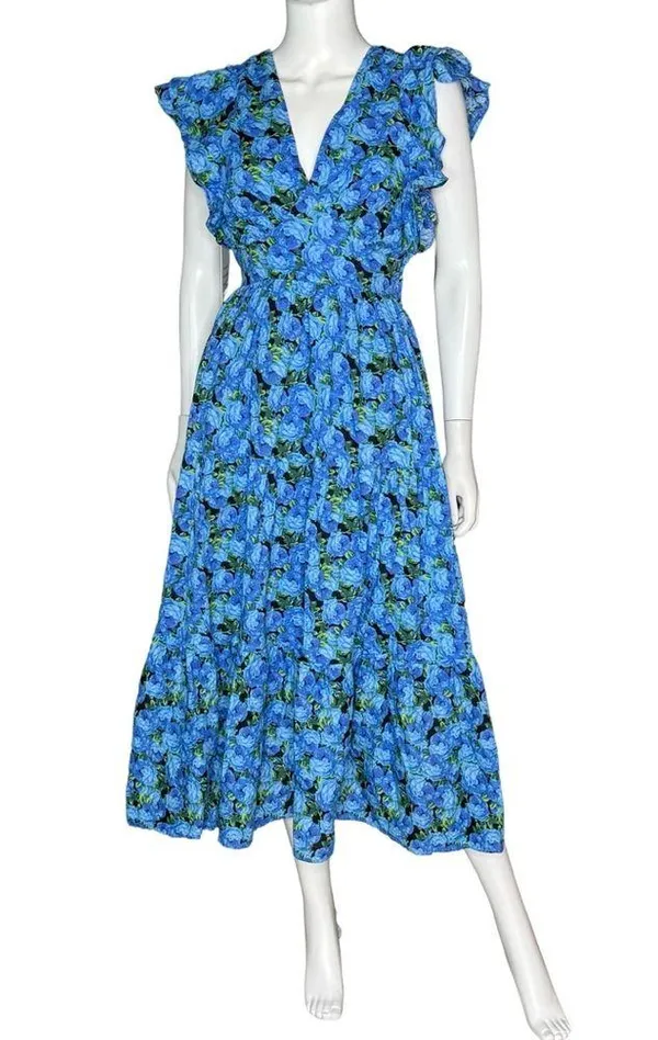 English Factory Women's Floral-Print Tiered Flutter-Sleeve Dress Blue Sz XS NWT - Image 2