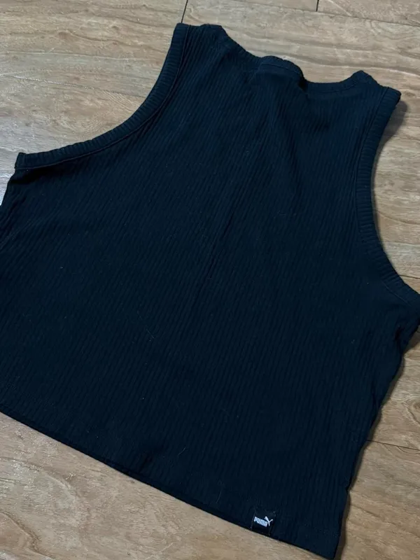 Puma Black Ribbed Cropped Tank with Logo - Image 2