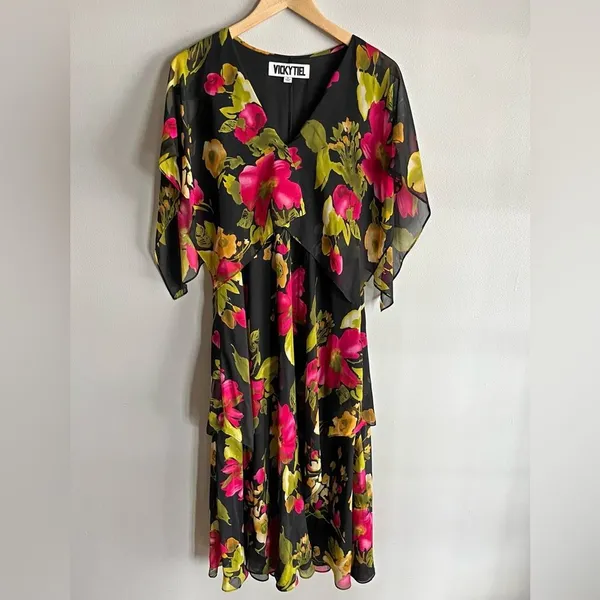 Vicky Tiel Black Floral Chiffon Midi Dress Flutter Sleeve Wedding Guest M - Image 3