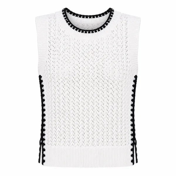 Open Knit Sweater Vest Size Small White Black‎ Contrast Trim Sleeveless Layering - Image 9