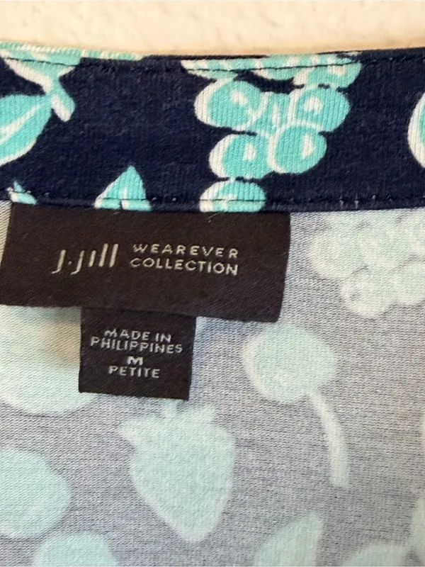 J.Jill V neck tropical fruit print monochromatic Tshirt, aqua and navy blue, M - Image 2