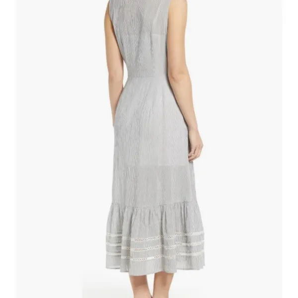 Caslon Striped Cotton Midi Dress Gray White Sleeveless Ruffle Summer M coastal - Image 2