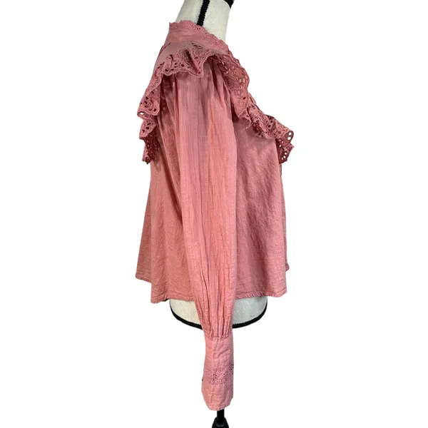 Free People X-Small Hit the Road Top Ruffle Button Puff Sleeve Lightweight Pink - Image 7